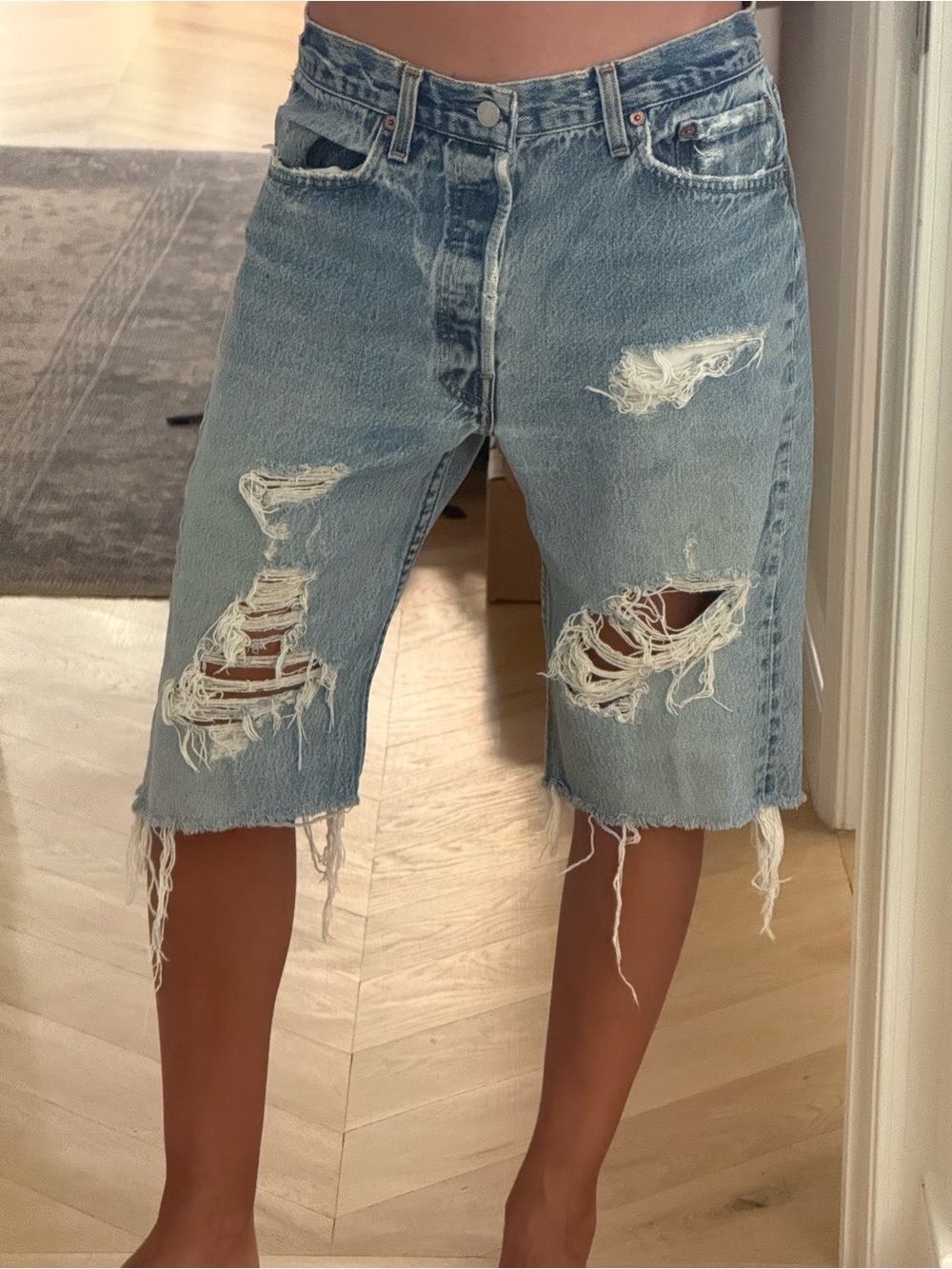 Re/Done Distressed Light Blue Denim Bermuda Shorts Vintage Levi’s Collection